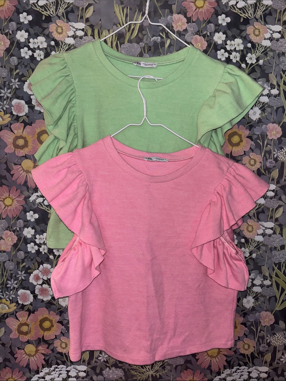 Zara Pink & Light Green Ruffle short Sleeve  Tees Bundle